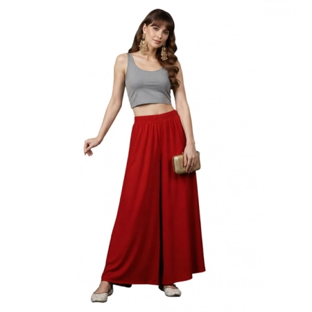 Generic Women's Georgette Solid Mid-Rise Wide Leg Flared Palazzo Pants with Elastic Waist (Red)