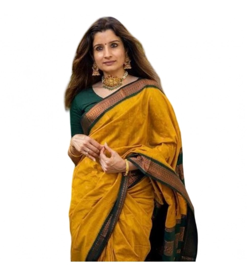 Generic Women's Soft Litchi Silk Jacquard Work Saree With Unstitched Blouse 5.5Mtr (Yellow)