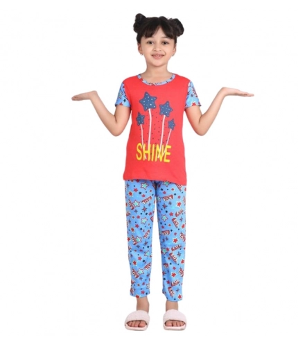 Generic Girl's Cotton Hosiery Printed Night Suit Set (Red-Blue)