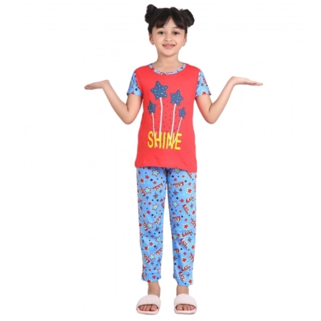 Generic Girl's Cotton Hosiery Printed Night Suit Set (Red-Blue) Generic Girl's Cotton Hosiery Printed Night Suit Set (Red-Blue)