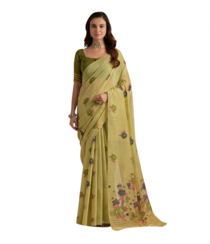Generic Women's Blended_Cotton Floral Motifs And Woven Buttas Saree With Unstitched Blouse 5.5Mtr (Light_Green)
