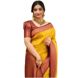 Generic Women's Soft Litchi Silk Jacquard Work Saree With Unstitched Blouse 5.5Mtr (Yellow)