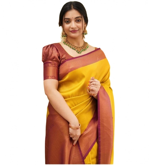 Generic Women's Soft Litchi Silk Jacquard Work Saree With Unstitched Blouse 5.5Mtr (Yellow)