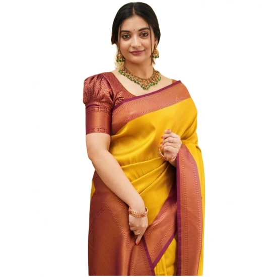 Generic Women's Soft Litchi Silk Jacquard Work Saree With Unstitched Blouse 5.5Mtr (Yellow) Generic Women's Soft Litchi Silk Jacquard Work Saree With Unstitched Blouse 5.5Mtr (Yellow)