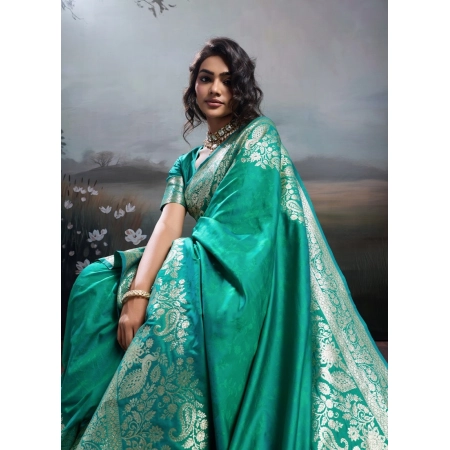 Generic Women's Silk Blend Printed Saree With Unstitched Blouse 5.5Mtr (Teal Green)