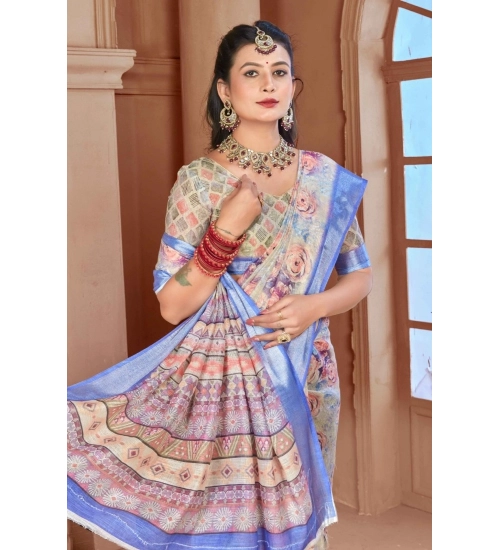 Generic Women's Printed Cotton Linen Saree withPrinted  Saree With Unstitched Blouse (Beige, 5-6Mtrs)
