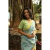 Generic Women's Linen Printed Saree With Unstitched Blouse 5.5Mtr (Blue)