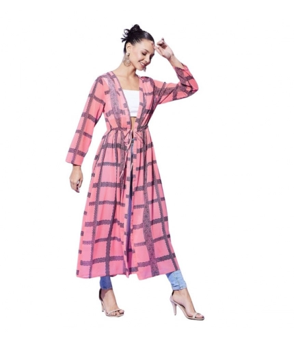 Generic Women's Polyester Check Long Sleeves Shrug (Pink)