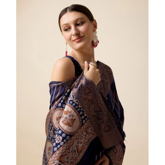 Generic Women's Soft Silk Jacquard Saree With Unstitched Blouse 5.5Mtr (Navy)