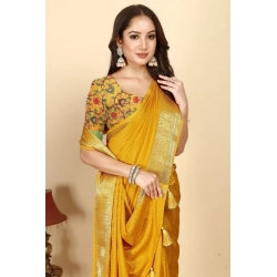 Generic Women's Cotton Blend Checkered Saree With Unstitched Blouse 5.5Mtr (Yellow)