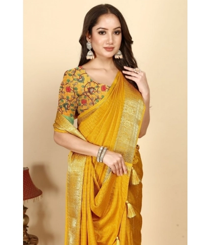 Generic Women's Cotton Blend Checkered Saree With Unstitched Blouse 5.5Mtr (Yellow)
