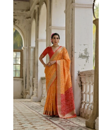 Generic Women's Silk_Blend Ethnic Ikat Pattern Saree With Unstitched Blouse 5.5Mtr (Mustard)