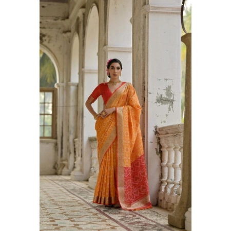 Generic Women's Silk_Blend Ethnic Ikat Pattern Saree With Unstitched Blouse 5.5Mtr (Mustard)