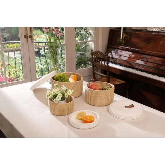 Generic Cotton 3 Pcs Set Roti Box Storage Basket With Lid (Beige-White) Generic Cotton 3 Pcs Set Roti Box Storage Basket With Lid (Beige-White)