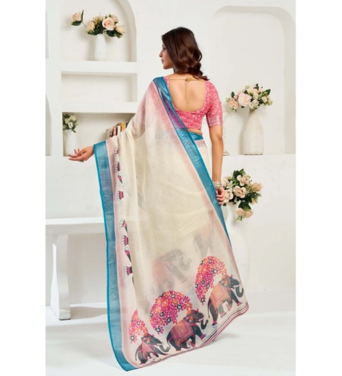 Generic Women's Linen Cotton Printed Ready To Wear Saree With Unstitched Blouse 5.5 Mtr (Cream)