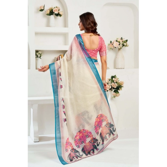 Generic Women's Linen Cotton Printed Ready To Wear Saree With Unstitched Blouse 5.5 Mtr (Cream)