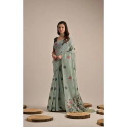 Generic Women's Blended_Cotton Floral Motifs And Woven Buttas Saree With Unstitched Blouse 5.5Mtr (Teal)