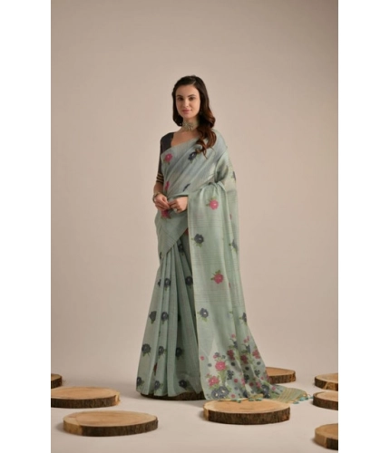 Generic Women's Blended_Cotton Floral Motifs And Woven Buttas Saree With Unstitched Blouse 5.5Mtr (Teal)