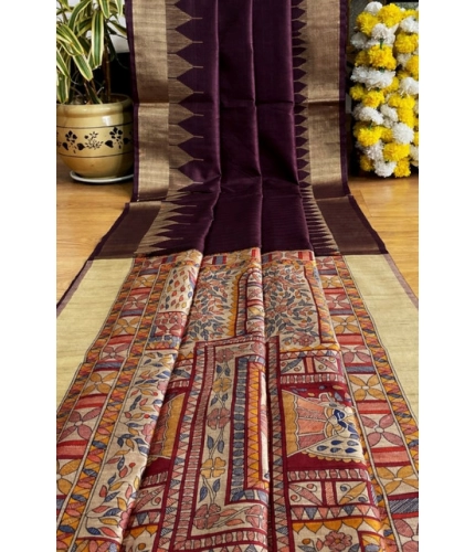 Generic Women's Tussar Silk Madhubani Saree With Unstitched Blouse 5.5Mtr (Coffee)