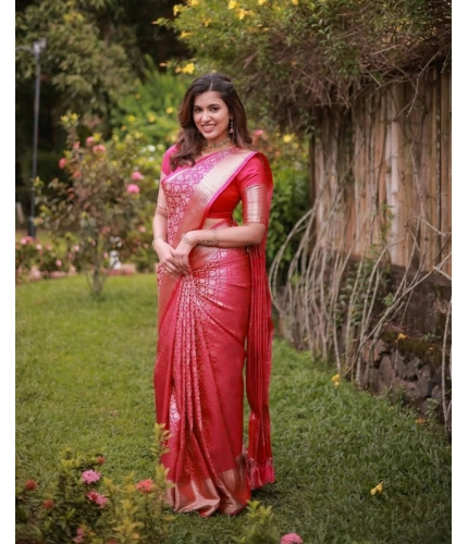 Generic Women's Soft Lichi Silk Printed Saree With Unstitched Blouse 5.5Mtr (Pink)