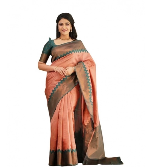Generic Women's Soft Lichi Silk Printed Saree With Unstitched Blouse 5.5Mtr (Peach)