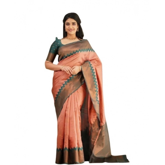 Generic Women's Soft Lichi Silk Printed Saree With Unstitched Blouse 5.5Mtr (Peach)