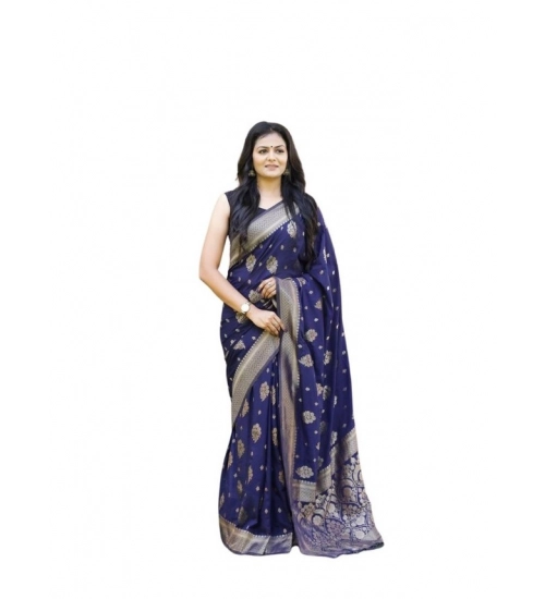 Generic Women's Soft Lichi Silk Printed Saree With Unstitched Blouse 5.5Mtr (Navy Blue)