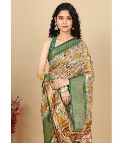 Generic Women's Cotton Silk Floral Printed Saree With Unstitched Blouse 5.5Mtr (Mustard)