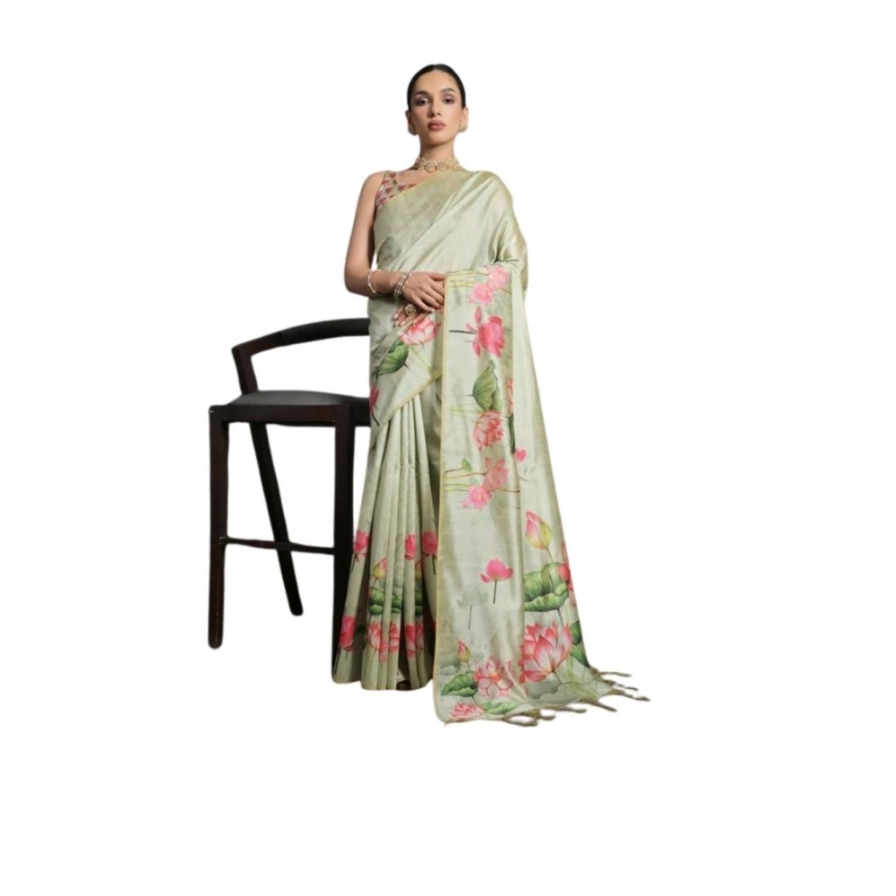 Generic Women's Cotton Printed Saree With Unstitched Blouse 5.5 Mtr (Green)
