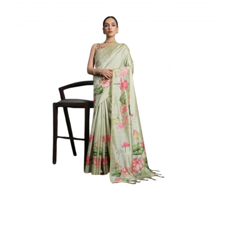 Generic Women's Cotton Printed Saree With Unstitched Blouse 5.5 Mtr (Green)