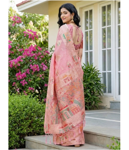 Generic Women's Linen Cotton Printed Saree With Unstitched Blouse 5.5Mtr (Pink)