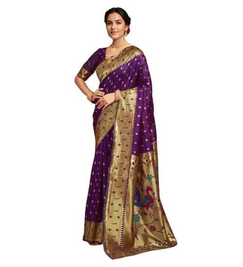Generic Women's Silk Blend Zari Weaving Saree With Unstitched Blouse 5.5Mtr (Purple)