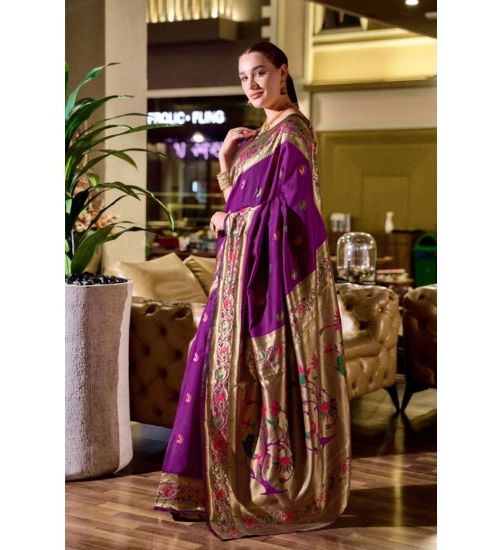 Generic Women's Silk Blend Zari Woven Saree With Unstitched Blouse 5.5Mtr (Purple)