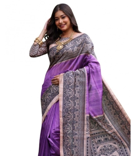 Generic Women's Faux_Tussar Ethnic_Print Saree With Unstitched Blouse 5.5Mtr (Purple)