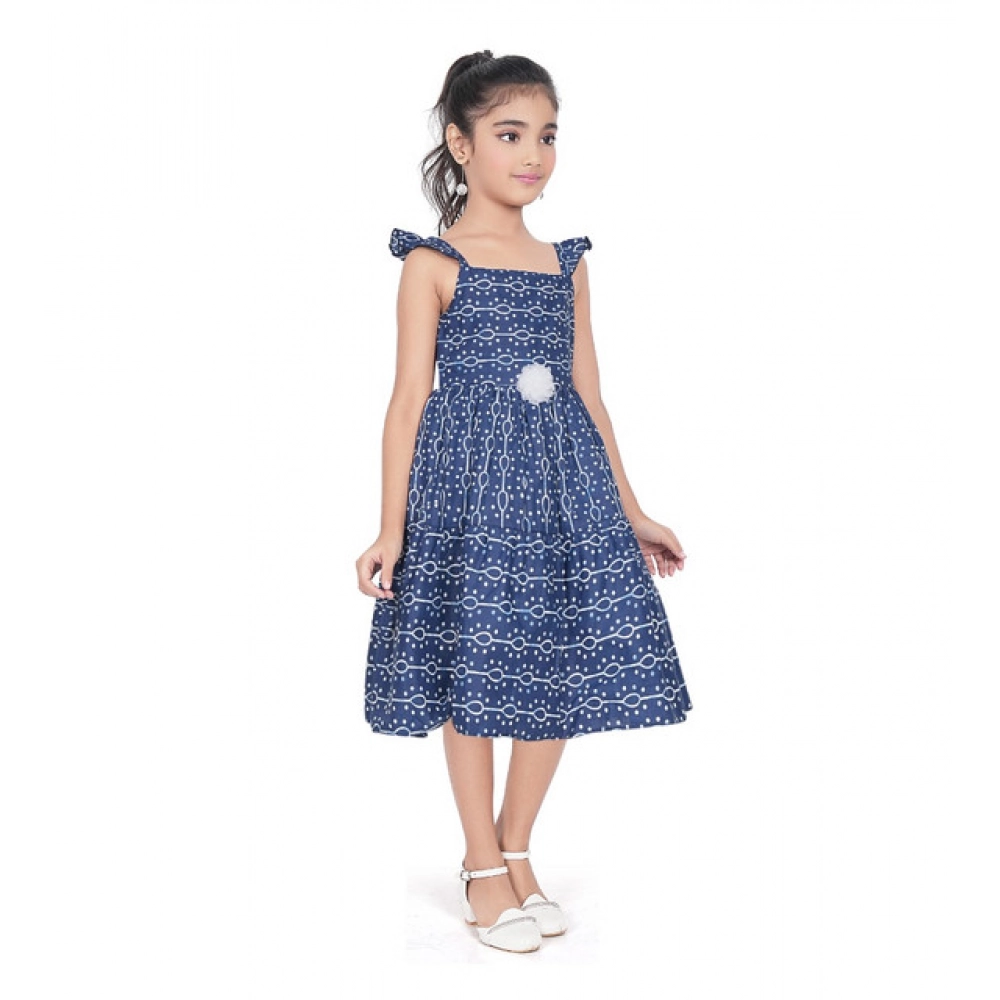 Generic Girl's Cotton Printed Sleeve Less Squre Neck Dress (Navy Blue)