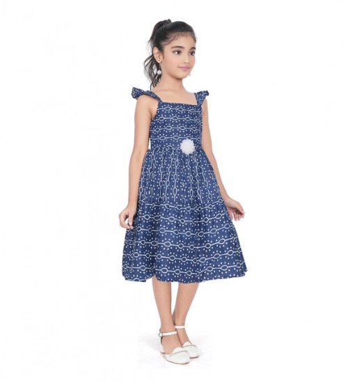 Girl's Cotton Printed Sleeve Less Squre Neck Dress (Navy Blue)