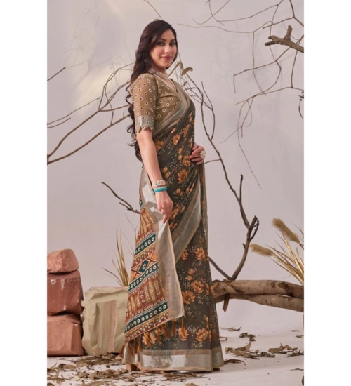 Generic Women's Faux_Linen Printed Saree With Unstitched Blouse 5.5Mtr (Slate_Grey)