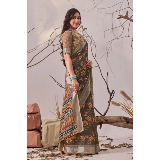 Generic Women's Faux_Linen Printed Saree With Unstitched Blouse 5.5Mtr (Slate_Grey)