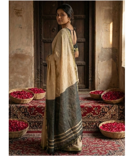 Generic Women's Cotton Printed Saree With Unstitched Blouse 5.5Mtr (Beige)