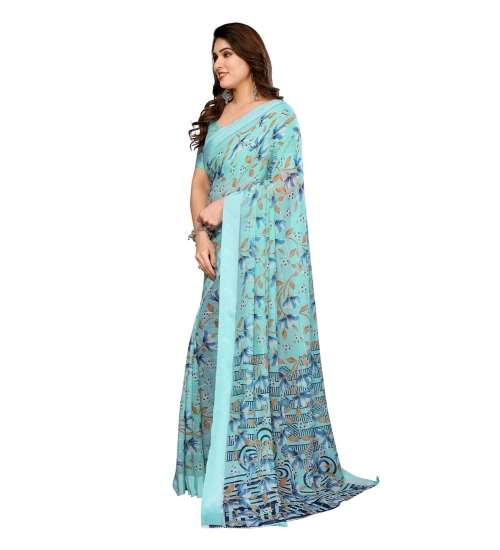 Generic Women's Georgette Printed Saree With Unstitched Blouse 5.5Mtr (Blue)