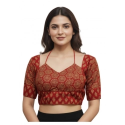Generic Women's Ajrakh Cotton Printed Sweetheart Padded Blouse (Red 38 Ready (Self Alterable 36–40)