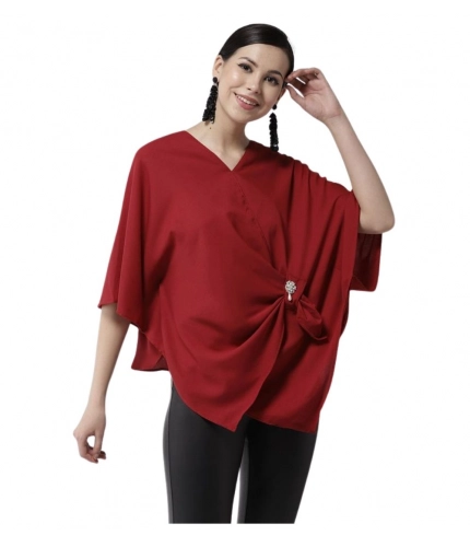 Generic Women's Polyester Solid Cape Sleeve Top (Red)