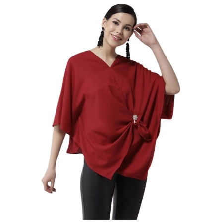Generic Women's Polyester Solid Cape Sleeve Top (Red)