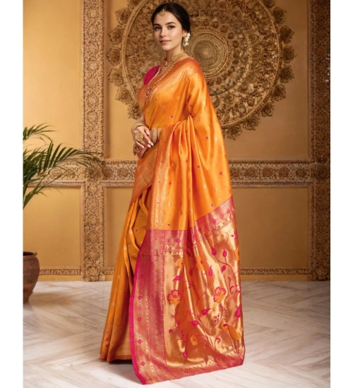Generic Women's Silk Blend Zari Weaving Saree With Unstitched Blouse 5.5Mtr (Orange)