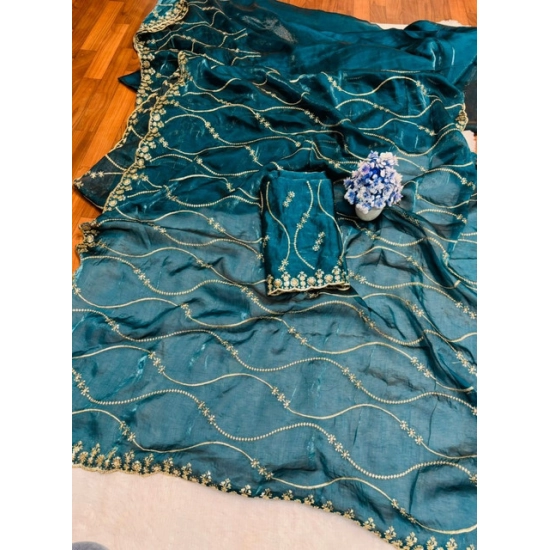 Generic Women's Slik Embellished Saree With Unstitched Blouse 5.5Mtr (Teal)