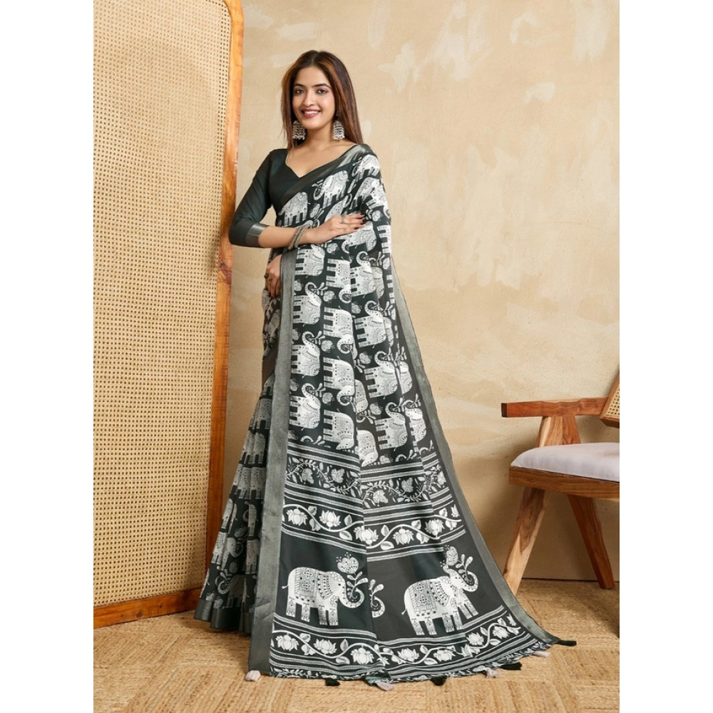 Generic Women's Silk Blend Printed Saree With Unstitched Blouse 5.5Mtr (Green)
