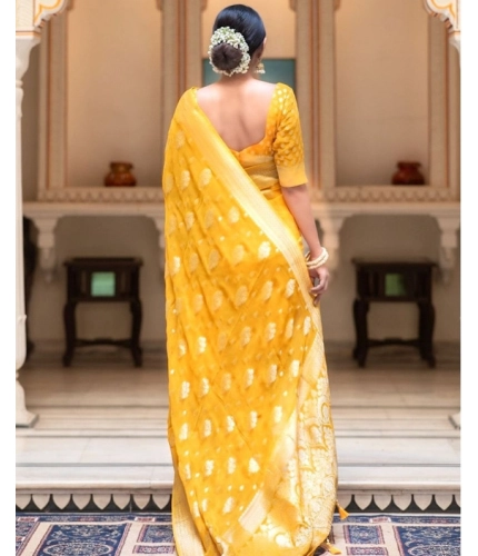 Generic Women's Soft Lichi Silk Printed Saree With Unstitched Blouse 5.5Mtr (Yellow)