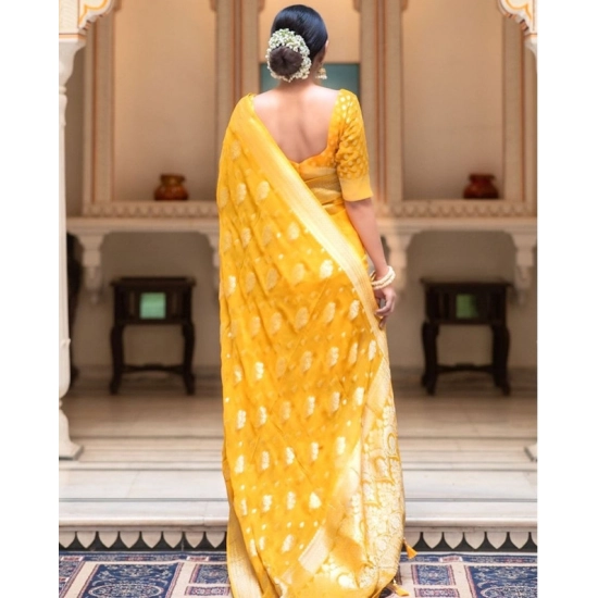 Generic Women's Soft Lichi Silk Printed Saree With Unstitched Blouse 5.5Mtr (Yellow)
