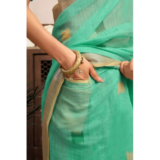Generic Women's Linen Cotton Printed Ready To Wear With Pocket Saree With Unstitched Blouse 5.5 Mtr (Light_Green)