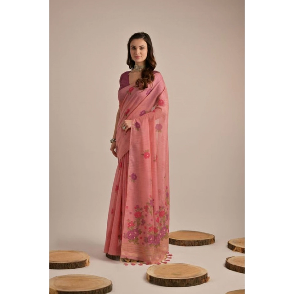 Generic Women's Blended_Cotton Floral Motifs And Woven Buttas Saree With Unstitched Blouse 5.5Mtr (Pink)